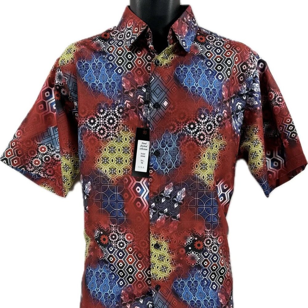 Bassiri Men's Casual Button-Down Shirt Red Blue Lime Green White Short Sleeves